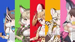 Rule 34 | 5girls, animal costume, animal ear fluff, animal ears, black eyes, black hair, brown eyes, brown hair, brown long-eared bat (kemono friends), closed mouth, geoffroy&#039;s cat (kemono friends), green eyes, jungle cat (kemono friends), kemono friends, kemono friends v project, large-spotted genet (kemono friends), long hair, looking at viewer, microphone, multicolored hair, multiple girls, official art, open mouth, ribbon, shirt, siberian chipmunk (kemono friends), simple background, skirt, smile, tail, virtual youtuber, white hair, yoshizaki mine