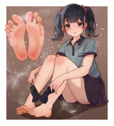 1girl barefoot black_eyes black_hair feet highres light_blush long_hair looking_at_viewer lumina_(artist) parted_lips soles steam toes twintails unworn_socks