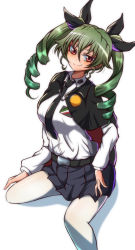 Rule 34 | 1girl, absurdres, anchovy (girls und panzer), black necktie, black ribbon, black skirt, blush, breasts, brown eyes, cat earthen pot, closed mouth, collared shirt, drill hair, girls und panzer, green hair, hair ribbon, highres, long hair, long sleeves, looking at viewer, medium breasts, necktie, pantyhose, pleated skirt, ribbon, shirt, simple background, skirt, smile, solo, twin drills, white background, white pantyhose, white shirt