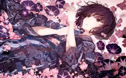 Rule 34 | 1girl, atha (leejuiping), brown eyes, brown hair, commentary request, floral print, flower, hands up, highres, japanese clothes, kimono, leaf print, long sleeves, looking away, lying, on back, original, parted lips, pink flower, print kimono, purple flower, solo, wide sleeves, yukata