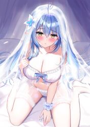 Rule 34 | 1girl, absurdres, ahoge, blue hair, blush, bow, bow bra, bra, breasts, bridal garter, bridal veil, cleavage, collarbone, from above, full body, groin, heart, heart ahoge, high heels, highres, hololive, jewelry, large breasts, lingerie, long hair, panties, parted lips, pointy ears, ring, see-through, sidelocks, single wrist cuff, sitting, solo, sugiki, tears, thighhighs, underwear, veil, virtual youtuber, wariza, wedding ring, white bra, white panties, white thighhighs, wrist cuffs, yellow eyes, yukihana lamy