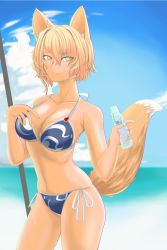 Rule 34 | 1girl, absurdres, animal ears, beach, bikini, blonde hair, blue bikini, bottle, breasts, cleavage, cloud, collarbone, commentary request, cowboy shot, day, fox ears, fox tail, hand on own chest, highres, large breasts, light smile, looking at viewer, looking to the side, navel, no headwear, no headwear, ocean, outdoors, short hair, side-tie bikini bottom, single tail, slit pupils, solo, soretsu nitohei, standing, swimsuit, tail, touhou, water bottle, yakumo ran, yellow eyes