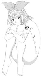 Rule 34 | 1girl, asunogear, barefoot, bow, breasts, collarbone, copyright name, crossed legs, full body, greyscale, hair between eyes, hair bow, hair ornament, hairclip, highres, hugging own legs, kagamine rin, monochrome, nude, short hair, simple background, sitting, sketch, small breasts, solo, swept bangs, tattoo, vocaloid, white background