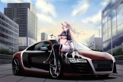 Rule 34 | 1girl, absurdres, audi, azur lane, boots, breasts, brown eyes, car, car keys, cityscape, cropped jacket, full body, gloves, headset, high heel boots, high heels, highres, kcar66t, large breasts, long hair, motor vehicle, navel, need for speed, need for speed: carbon, official alternate costume, parted lips, prinz eugen (azur lane), prinz eugen (final lap) (azur lane), product placement, race queen, silver hair, sitting, skirt, solo, thighhighs, thighs, two side up, underboob, vehicle focus