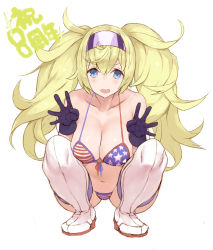 Rule 34 | 1girl, american flag bikini, anniversary, bikini, blonde hair, blue eyes, blush, boots, breasts, cleavage, collarbone, flag print, full body, gambier bay (kancolle), gloves, hair between eyes, highres, kantai collection, large breasts, long hair, multicolored clothes, multicolored gloves, navel, open mouth, ryo (tg290), simple background, solo, swimsuit, thigh boots, thighhighs, twintails, white background, white footwear