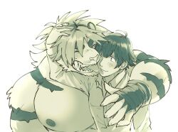 Rule 34 | 2boys, animal ears, bandaged hand, bandages, bara, blush, closed eyes, closed mouth, collared shirt, commentary, dress shirt, furry, furry male, furry with non-furry, green theme, hair between eyes, hand on another&#039;s head, hug, interspecies, large pectorals, long hair, long sleeves, looking at another, macan (housamo), male focus, multiple boys, muscular, muscular male, nipples, nori (h s 050), one eye closed, pectorals, protagonist 4 (housamo), sharp teeth, shirt, short hair, simple background, teeth, thick eyebrows, tiger boy, tiger ears, tokyo houkago summoners, tongue, tongue out, upper body, white background, yaoi