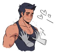 Rule 34 | 1boy, 1other, absurdres, bara, black hair, black tank top, blush, closed eyes, closed mouth, english text, grabbing, hands on another&#039;s chest, highres, large pectorals, little mac, male focus, milkiato, muscular, muscular male, nintendo, pectoral cleavage, pectoral grab, pectorals, punch-out!!, short hair, simple background, squishing, tank top, white background