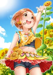 Rule 34 | 1girl, :d, arm up, bare arms, bare shoulders, bike shorts, black shorts, blue sky, blurry, blurry background, blush, brown eyes, brown hair, cloud, collarbone, commentary request, day, depth of field, field, flower, flower field, forehead, headphones, headset, highres, idolmaster, idolmaster cinderella girls, looking away, midriff, navel, open mouth, outdoors, parted bangs, red skirt, regular mow, round teeth, ryuzaki kaoru, short shorts, shorts, skirt, sky, smile, solo, sunflower, sunflower field, tank top, teeth, upper teeth only, yellow flower