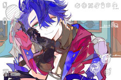 Rule 34 | 1boy, battery indicator, black gloves, blue hair, commentary, dated commentary, ezu (e104mjd), flipped hair, gameplay mechanics, gloves, green eyes, hair between eyes, honkai: star rail, honkai (series), jacket, letterboxed, looking at viewer, male focus, one eye closed, open clothes, open jacket, pectorals peek, red jacket, sampo koski, short hair, short sleeves, smile, solo, upper body
