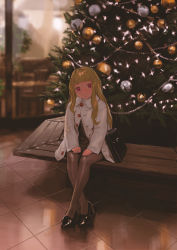 Rule 34 | 1girl, absurdres, bag, black footwear, black shirt, blonde hair, brown pantyhose, buttons, chair, christmas ornaments, christmas tree, closed mouth, coat, highres, k1llg, long hair, long sleeves, looking at viewer, original, pantyhose, pink eyes, shiny floor, shirt, sitting, solo, white coat