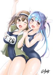 Rule 34 | 10s, 2girls, ;d, arm up, blue hair, blue one-piece swimsuit, blunt bangs, blush, grabbing another&#039;s breast, breasts, brown eyes, brown hair, cardigan, character name, cleavage, clenched hand, covered navel, cowboy shot, deep skin, eyebrows, from side, grabbing, grabbing from behind, gradient hair, groping, hair between eyes, hair intakes, hair ribbon, hairband, hand on another&#039;s shoulder, happy, head tilt, headgear, hip focus, hiyama izumi (wttdh), holding hands, i-19 (kancolle), i-26 (kancolle), kantai collection, large breasts, legs together, light brown hair, long hair, looking at viewer, multicolored hair, multiple girls, name tag, new school swimsuit, old school swimsuit, one-piece swimsuit, one eye closed, open cardigan, open clothes, open mouth, purple hair, raised fist, red eyes, ribbon, sailor collar, school swimsuit, short sleeves, sidelocks, signature, simple background, single vertical stripe, smile, standing, star-shaped pupils, star (symbol), swimsuit, swimsuit under clothes, symbol-shaped pupils, thighs, tri tails, twitter username, two-tone hairband, two side up, unzipped, very long hair, white background, yuri, zipper