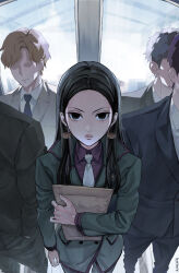Rule 34 | 1girl, absurdres, ace attorney, ace attorney investigations, ace attorney investigations: miles edgeworth, black eyes, black hair, black jacket, blonde hair, callisto yew, closed mouth, collared shirt, commentary, commission, earrings, english commentary, envelope, formal, freckles, from above, green jacket, green pants, highres, holding, holding envelope, indoors, jacket, jewelry, long hair, long sleeves, looking at viewer, maro (mrmrbim), necktie, pants, people, shirt, skeb commission, standing, suit, white necktie, white shirt