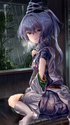 Rule 34 | 1girl, blue eyes, commentary request, detached sleeves, full body, hat, highres, japanese clothes, kariginu, looking at viewer, looking back, mononobe no futo, parted lips, ponytail, rain, sensi tobikage, silver hair, sitting, socks, solo, tate eboshi, touhou, tree, wariza, wet, wet clothes, wet hair, white socks