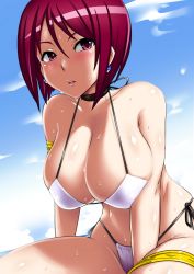 Rule 34 | 1girl, :o, armlet, bare shoulders, bikini, blush, breasts, choker, cleavage, cloud, day, earrings, female focus, hanging breasts, highres, jewelry, large breasts, okyou, open mouth, purple eyes, purple hair, red eyes, red hair, shiny skin, short hair, side-tie bikini bottom, skindentation, sky, solo, strap gap, stud earrings, swimsuit, the king of fighters, thigh strap, wet, whip (kof), white bikini