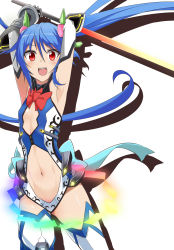 Rule 34 | 1girl, :d, armpits, arms up, blue hair, cosplay, derivative work, evandragon, flat chest, gloves, highres, hinanawi tenshi, long hair, open mouth, ore twintail ni narimasu, parody, red eyes, revealing clothes, smile, solo, sword of hisou, tailblue, tailblue (cosplay), thighhighs, touhou, twintails, very long hair, weapon, white background
