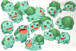 Rule 34 | ^ ^, absurdres, animal focus, bright pupils, bulbasaur, claws, closed eyes, creatures (company), facing viewer, fangs, from side, full body, game freak, gen 1 pokemon, happy, highres, jumping, lined paper, looking at viewer, looking to the side, lying, mixed media, multiple views, nintendo, no humans, on stomach, one eye closed, open mouth, pokemon, pokemon (creature), profile, red eyes, running, simple background, sketch, sleeping, smile, tongue, traditional media, u u, white background, white pupils, wink, yuki00yo