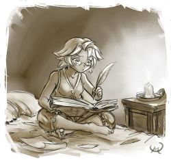 Rule 34 | 1girl, barefoot, bed, blush, candle, candlelight, capri pants, glasses, indian style, maxa&#039;, monochrome, pants, quill, reading, sitting, tild - mage a louer, tild framith, vest, writing