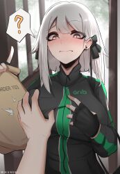 Rule 34 | 1girl, ?, absurdres, artist name, bag, black bow, black gloves, black jacket, blush, bow, brown eyes, delivery, doorway, earrings, fangs, fingerless gloves, gloves, grabbing, grabbing another&#039;s breast, grey hair, hair bow, highres, holding, holding bag, jacket, jewelry, medium hair, mikuneki, multicolored clothes, multicolored jacket, original, product placement, sexual harassment, spoken question mark, two-tone jacket