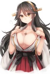 Rule 34 | 10s, 1girl, bare shoulders, between breasts, black hair, blush, breasts, brown eyes, cleavage, clothes pull, collarbone, detached sleeves, fairy (kancolle), hair between eyes, hair ornament, hairband, hairclip, hakama, hakama short skirt, hakama skirt, haruna (kancolle), headgear, japanese clothes, kantai collection, large breasts, long hair, nontraditional miko, person between breasts, sash, simple background, skirt, solo, utopia, white background, wide sleeves