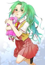 Rule 34 | 1girl, 2021, collared shirt, dated, doll, floating hair, green eyes, green hair, hair between eyes, hair intakes, higurashi no naku koro ni, holding, holding doll, leg up, long hair, looking at viewer, miniskirt, necktie, open clothes, open mouth, open vest, pink skirt, pleated skirt, ponytail, red necktie, school uniform, shirt, short sleeves, skirt, solo, sonozaki mion, standing, standing on one leg, tekuteku aruko, very long hair, vest, white shirt, wing collar, yellow vest