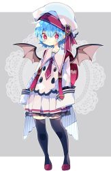 Rule 34 | + +, 1girl, :t, alternate costume, backpack, bag, bat wings, black thighhighs, blue hair, commentary request, doily, full body, grey background, hat, hat ribbon, highres, long sleeves, looking at viewer, nikorashi-ka, pleated skirt, pointy ears, randoseru, red bag, red eyes, red footwear, red ribbon, remilia scarlet, ribbon, shirt, shoes, skirt, sleeves past wrists, solo, thighhighs, touhou, white hat, white shirt, white skirt, wings