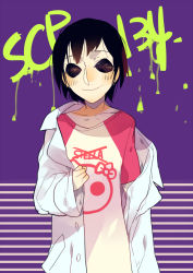 Rule 34 | 1girl, bad id, bad pixiv id, black eyes, black hair, blush, character name, child, child&#039;s drawing, jotman, lab coat, no pupils, raglan sleeves, scp-134, scp foundation, shirt, short hair, smile, solo, t-shirt, undressing