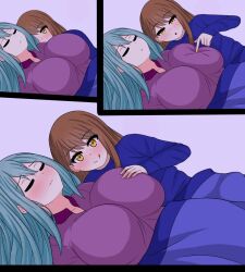 Rule 34 | 2girls, animated, asa midori, blush, grabbing another&#039;s breast, breast poke, breasts, brown eyes, brown hair, closed eyes, grabbing, green hair, huge breasts, jiggle, long hair, looking at breasts, lowres, lying, multiple girls, no bra, on back, original, poking, rezu (the only shoe), smile, the only shoe, tongue, tongue out, video, yuri