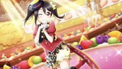 Rule 34 | 1girl, artist name, artist request, black hair, black hat, black skirt, black vest, blush, boots, bow, collared shirt, dress, female focus, food, fruit, gloves, hair bow, half gloves, hat, heart, high heels, long hair, looking at viewer, love live!, love live! school idol festival, love live! school idol project, macaron, mini hat, one eye closed, parted lips, polka dot, polka dot skirt, puffy short sleeves, puffy sleeves, red dress, red eyes, red footwear, red shirt, shirt, short hair, short sleeves, shorts, skirt, smile, solo, sprinkles, strawberry, striped clothes, striped thighhighs, thighhighs, twintails, vest, white bow, white gloves, yazawa nico, yellow bow, yellow shorts