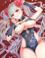 Rule 34 | 1girl, azur lane, blush, breasts, china dress, chinese clothes, commission, covered navel, detached sleeves, dolce (dolsuke), dress, flower, formidable (azur lane), groin, hair flower, hair ornament, hands up, large breasts, long hair, looking at viewer, lying, nail polish, on back, parted lips, pelvic curtain, pink nails, red eyes, revealing clothes, silver hair, skeb commission, solo, thighs, very long hair