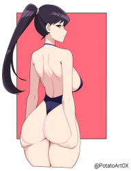 Rule 34 | 1girl, absurdres, ass, ass grab, bikini, black one-piece swimsuit, blush, breasts, commentary, competition swimsuit, english commentary, from behind, grabbing own ass, hand on ass, highres, huge ass, komi-san wa komyushou desu, komi shouko, large breasts, long hair, looking at viewer, looking back, one-piece swimsuit, ponytail, potatoartox, profile, purple hair, self-upload, sideboob, simple background, solo, standing, swimsuit, thick thighs, thighs