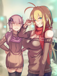 Rule 34 | 2girls, :&gt;, :i, ahoge, alternate costume, antenna hair, aqua eyes, arm up, at2., bare shoulders, black legwear, blonde hair, blurry, blurry background, blush, bracelet, breast envy, breasts, brown sweater, casual, chinese commentary, cleavage, closed mouth, commentary, cowboy shot, day, depth of field, dress, english commentary, engrish commentary, enpera, hair ornament, hairpin, hands on own hips, highres, jewelry, large breasts, long hair, looking at viewer, mixed-language commentary, multiple girls, nose blush, off-shoulder sweater, off shoulder, outdoors, pout, purple scarf, red scarf, scarf, short hair with long locks, sidelocks, skindentation, smug, standing, sweater, sweater dress, thighhighs, tsurime, tsurumaki maki, turtleneck, turtleneck sweater, vocaloid, voiceroid, yuzuki yukari, zettai ryouiki