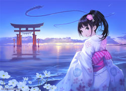 Rule 34 | 1girl, architecture, beach, bird, black eyes, black hair, cloud, dragon, east asian architecture, floral print, flower, flower request, hair flower, hair ornament, horizon, japanese clothes, kimono, lamppost, looking at viewer, looking back, mana kakkowarai, nature, ocean, open mouth, original, outdoors, ponytail, rope, scenery, shide, shimenawa, shooting star, sky, solo, sunrise, sunset, torii, water, watermark, web address
