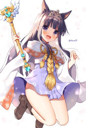 Rule 34 | :d, animal ear fluff, animal ears, blush, boots, brown footwear, capelet, commentary request, dress, hands up, holding, holding wand, kasumi (princess connect!), long hair, long sleeves, looking at viewer, mauve, open mouth, pleated dress, princess connect!, purple dress, purple eyes, purple hair, sidelocks, simple background, smile, solo, tiara, twitter username, very long hair, wand, white background, white capelet, wide sleeves