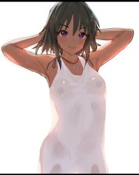 Rule 34 | 1girl, armpits, arms behind head, azuse neko, bare arms, bare shoulders, black hair, blush, closed mouth, covered erect nipples, dark-skinned female, dark skin, dress, idolmaster, idolmaster cinderella girls, jewelry, looking at viewer, natalia (idolmaster), necklace, pendant, purple eyes, see-through, short hair, sleeveless, sleeveless dress, smile, solo, standing, wet, wet clothes, wet dress, white dress