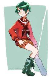 Rule 34 | 1girl, artist name, black socks, boots, brown shorts, commentary request, cross-laced footwear, full body, green eyes, green hair, kantai collection, kneehighs, lace-up boots, long sleeves, looking at viewer, mogami (kancolle), mogamiya honu, one-hour drawing challenge, red shirt, school uniform, serafuku, shirt, short hair, shorts, sitting, smile, socks, solo, swept bangs, two-tone background