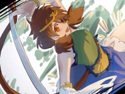 Rule 34 | 1girl, blue dress, brown hair, circlet, detached sleeves, dress, green dress, highres, long hair, low twintails, multicolored clothes, multicolored dress, open mouth, orange dress, rddumpling, red eyes, ruyi jingu bang, signature, single detached sleeve, solo, son biten, touhou, twintails, unfinished dream of all living ghost, white sleeves