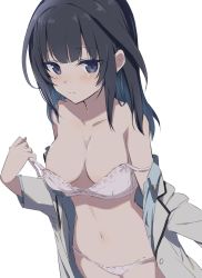 Rule 34 | 1girl, bad id, bad twitter id, bare shoulders, black hair, blazer, blue eyes, bra, breasts, cleavage, collarbone, commentary request, copyright request, cowboy shot, expressionless, gotyou, grey jacket, highres, jacket, long hair, looking at viewer, medium breasts, navel, no pants, off shoulder, open clothes, open jacket, panties, simple background, solo, stomach, strap slip, underwear, undressing, white background, white bra, white panties