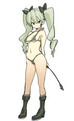 Rule 34 | 10s, 1girl, anchovy (girls und panzer), arms behind back, bikini, black bikini, black footwear, black ribbon, boots, breasts, closed mouth, drill hair, full body, girls und panzer, green hair, hair ribbon, holding, long hair, looking at viewer, medium breasts, micro bikini, navel, red eyes, ribbon, riding crop, simple background, sketch, smile, solo, standing, swimsuit, twin drills, twintails, velzhe, white background