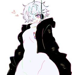 Rule 34 | 1girl, arms at sides, black jacket, blush, bodysuit, bomber jacket, breasts, covered navel, dot nose, eyes visible through hair, grin, groin, hair over one eye, heart, highres, hood, hood down, hooded jacket, jacket, medium breasts, one piece, purple eyes, short hair, smile, solo, sori 6403, standing, tsurime, upper body, vegapunk lilith, white background, white bodysuit, white hair, wide hips