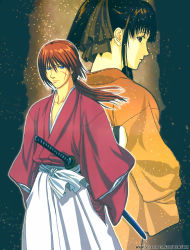 Rule 34 | 1boy, 1girl, bow, himura kenshin, kamiya kaoru, katana, ponytail, profile, rurouni kenshin, samurai, scarf, sword, weapon