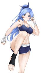 Rule 34 | 1girl, bandaged hand, bandages, bandaid, bandaid on cheek, bandaid on face, bandaid on shoulder, bare arms, bare legs, bare shoulders, black socks, blue eyes, blue hair, blue ribbon, blue shorts, blush, borrowed character, breasts, cleavage, crop top, dolphin shorts, foot out of frame, foxie30, hair ribbon, hand up, highres, long hair, looking at viewer, medium breasts, midriff, bae minah (chaesu), original, parted lips, ponytail, ribbon, short shorts, shorts, simple background, socks, solo, sports bra, standing, standing on one leg, stomach, thighs, toeless legwear, very long hair, white background, wrist wrap