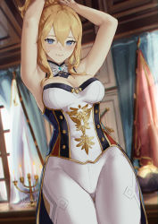 Rule 34 | 1girl, armpits, arms up, artist name, bare arms, bare shoulders, blonde hair, blue eyes, breasts, candle, cleavage, commentary, cowboy shot, detached collar, genshin impact, hair between eyes, highres, indoors, jean (genshin impact), large breasts, leggings, long hair, looking at viewer, nashidrop, pants, shirt, signature, smile, solo, standing, strapless, strapless shirt, thighs, variant set, white pants, white shirt