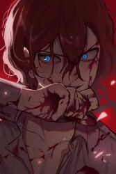Rule 34 | 1boy, absurdres, blood, blood on face, blood on hands, blue eyes, bungou stray dogs, collarbone, collared shirt, grey shirt, grin, hand up, highres, long hair, looking at viewer, male focus, nakahara chuuya, partially unbuttoned, red background, red hair, shirt, simple background, smile, solo, upper body, v-shaped eyebrows, vancy