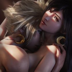 Rule 34 | 1boy, 1girl, 3d, artist name, black hair, blonde hair, blue eyes, cloud strife, couple, crescent, crescent earrings, crescent moon, earrings, final fantasy, final fantasy vii, final fantasy vii remake, hand on another&#039;s head, highres, hug, jewelry, long hair, looking at viewer, moon, red eyes, red lips, ria-neearts, spiked hair, square enix, tifa lockhart, topless