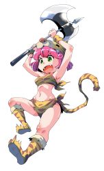 Rule 34 | 1girl, absurdres, animal ears, animal print, armpits, axe, berserker (final fantasy), breasts, final fantasy, final fantasy v, full body, green eyes, highres, lenna charlotte tycoon, open mouth, pink hair, shinapuu, short hair, simple background, solo, tail, tiger print, weapon, white background