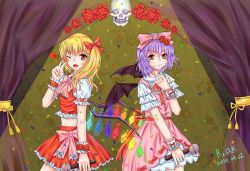 Rule 34 | 2girls, adapted costume, ascot, bat wings, blonde hair, bow, confetti, crop top, curtains, dated, dress, fangs, flandre scarlet, flower, frilled sleeves, frills, frown, hair ribbon, hand on own chest, hand on own face, heart, light purple hair, looking at viewer, microphone, midriff, multiple girls, no headwear, no headwear, one eye closed, parted lips, pinky out, r2xiaozhang, red eyes, red flower, red rose, remilia scarlet, ribbon, rose, short hair, short sleeves, siblings, side ponytail, signature, sisters, skirt, skirt set, skull, slit pupils, spotlight, touhou, v, wings, wink, wrist cuffs