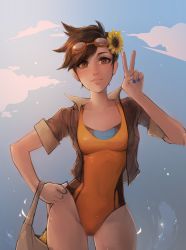 Rule 34 | 1girl, artist name, bad id, bad tumblr id, bag, blue sky, bomber jacket, breasts, brown eyes, brown hair, brown jacket, cloud, collarbone, contrapposto, cowboy shot, earrings, flower, freckles, goggles, goggles on head, hair flower, hair ornament, hand on own hip, highres, holding, jacket, jewelry, leotard, light smile, lips, looking at viewer, making-of available, matilda fiship, medium breasts, nose, orange leotard, outdoors, overwatch, overwatch 1, pink lips, signature, sky, solo, splashing, standing, sunflower, tracer (overwatch), v, water