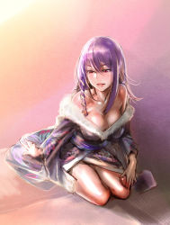 Rule 34 | 1girl, bow (bhp), breasts, cleavage, face, japanese clothes, kimono, large breasts, lips, long hair, original, purple hair, red eyes, sitting, solo, wariza