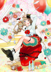Rule 34 | 1girl, alice in wonderland, balloon, black footwear, bottle, brown eyes, brown hair, card, cat, chain, clock, cup, door, flower, full body, hair ornament, hair ribbon, hand up, heart, highres, jar, key, lock, long hair, long sleeves, looking up, official art, open mouth, playing card, red skirt, ribbon, shirt, shoes, sitting, skirt, socks, solo, striped clothes, striped shirt, teacup, teapot, thigh strap, twintails, vertical-striped clothes, vertical-striped shirt, white shirt, white socks, yuu (higashi no penguin)