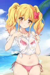 Rule 34 | 1girl, absurdres, aikatsu! (series), aikatsu stars!, bare shoulders, beach, belly, bikini, bikini under clothes, blonde hair, blue sky, bow, breasts, clenched hands, cloud, cloudy sky, collarbone, cowboy shot, crop top, day, expressionless, gluteal fold, hair between eyes, hair bow, hands up, head tilt, highres, kawahara natsuki, light blush, looking at viewer, medium hair, midriff, navel, nijino yume, ocean, off-shoulder shirt, off shoulder, open mouth, orange eyes, outdoors, pink bikini, red bow, see-through, see-through shirt, shirt, short sleeves, side-tie bikini bottom, sidelocks, sky, small breasts, solo, standing, string bikini, swimsuit, thigh gap, twintails, wavy hair, wet, wet clothes, wet shirt, white shirt